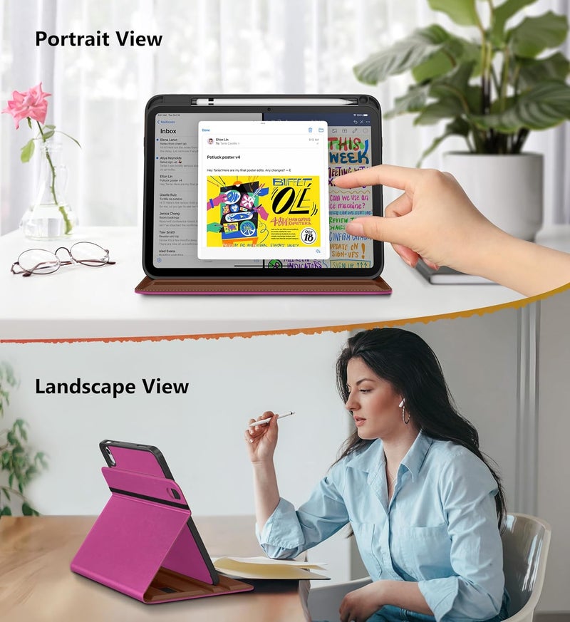 DTTO for iPad A16 Case, iPad 11th / 10th Generation Case (2025/2022), 360 Degree Rotating Premium Leather Folio Stand Cover with Pencil Holder, Rose Red - Image 3